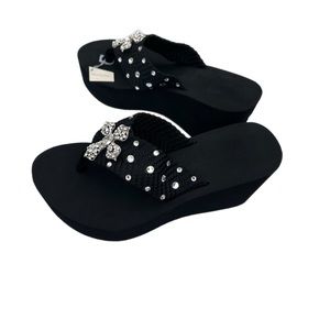 NWT Scandalous Miss Harmony Black Platform / Wedge Flip Flops with Cross Motif